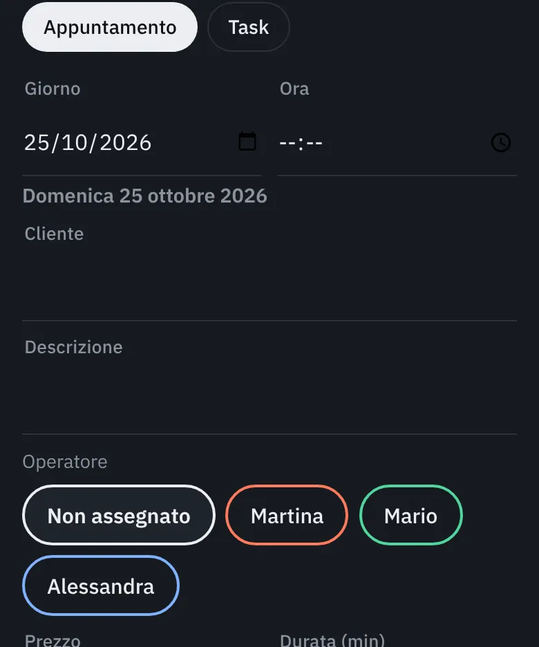 Il modulo di un appuntamento nuovo: giorno, ora, cliente, descrizione, operatore, prezzo e durata.