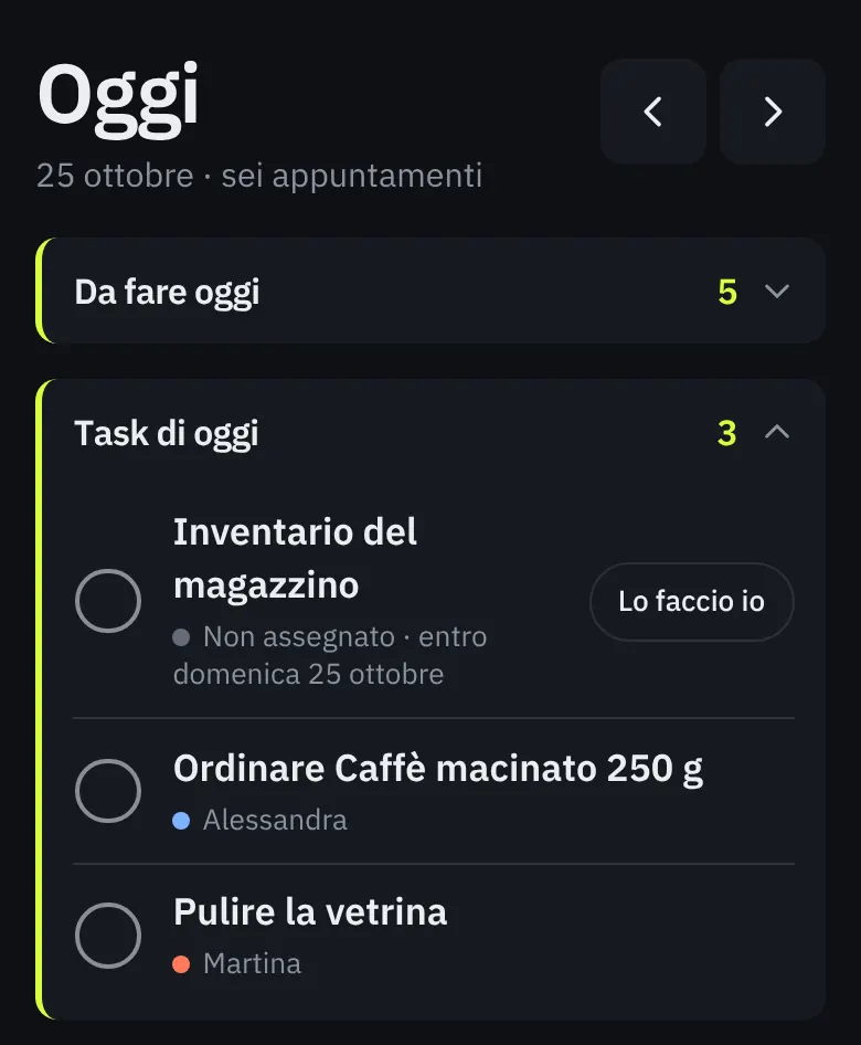 L'agenda di oggi con «Da fare oggi» e «Task di oggi».