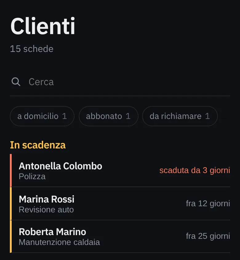 L'elenco dei clienti con la ricerca, le etichette e le scadenze vicine.