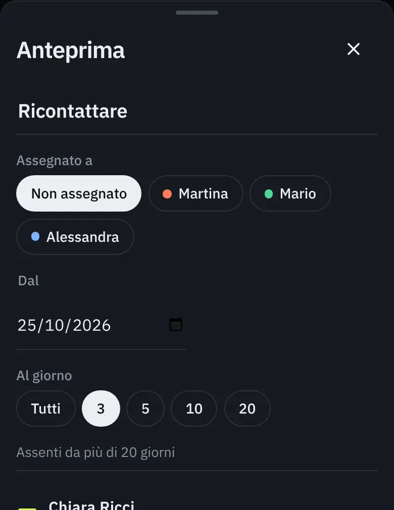 L'anteprima di una serie di task: i clienti scelti dall'app, con la spunta, divisi per giorno.