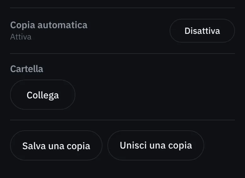 Le copie: copia automatica, cartella, «Salva una copia» e «Unisci una copia».
