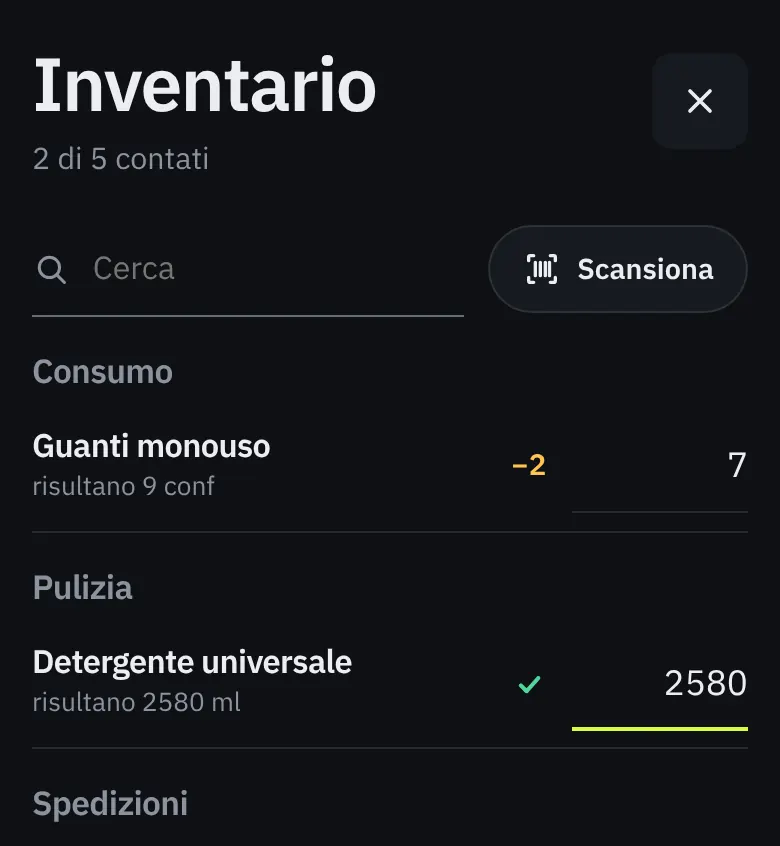 L'inventario: per ogni prodotto la quantità registrata, quella contata e la differenza.