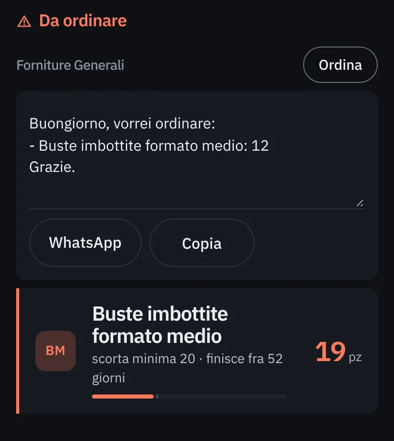 Il testo dell'ordine per un fornitore, già scritto, con i tasti WhatsApp e Copia.